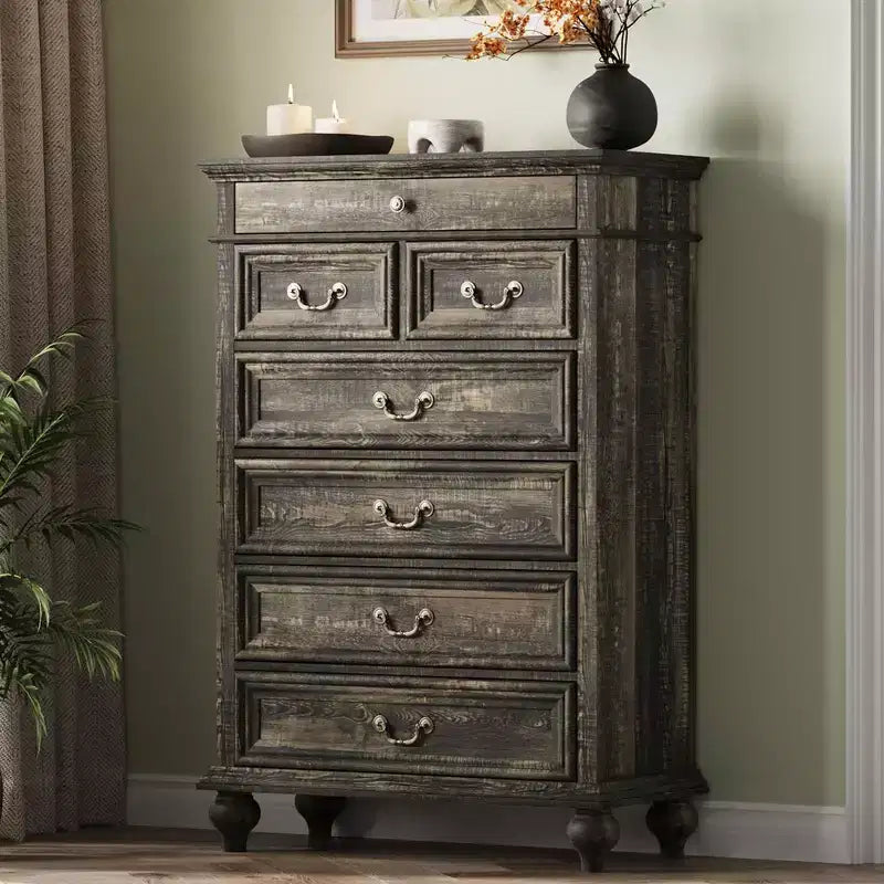 TruAIR 7-Drawer Grak Oak Dresser C Farmhouse Chest with 3-Size Drawers for Bedroom & Nursery