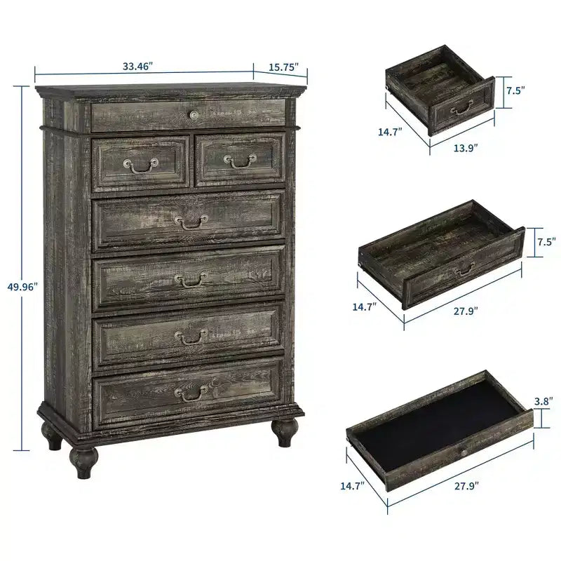 Commode en chêne à 7 tiroirs, meuble de rangement de style rustique avec tiroirs de 3 tailles différentes pour chambre et chambre d'enfant