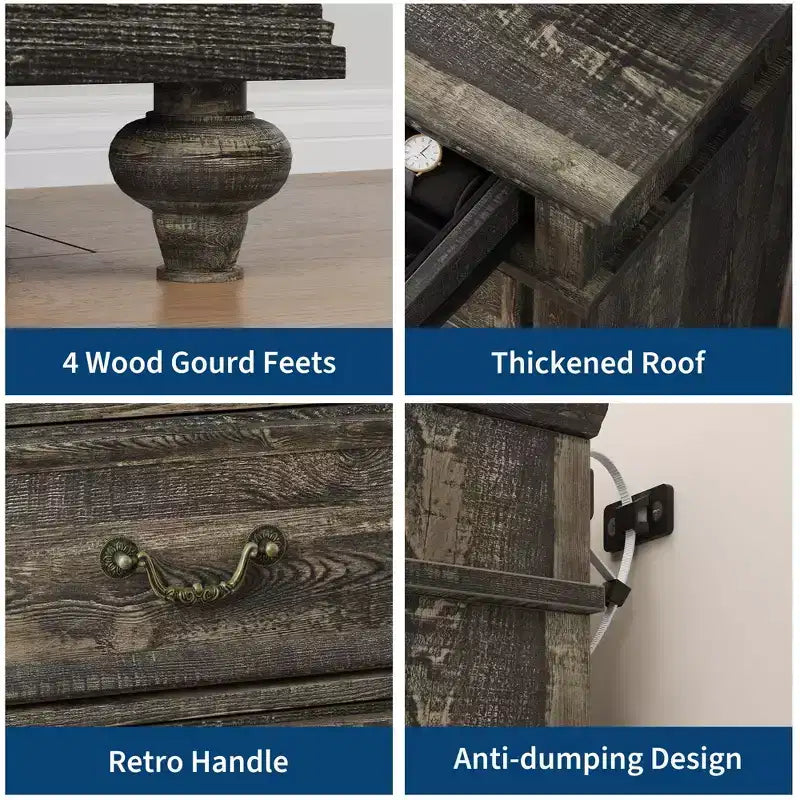 Commode en chêne à 7 tiroirs, meuble de rangement de style rustique avec tiroirs de 3 tailles différentes pour chambre et chambre d'enfant