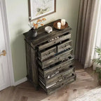 Commode en chêne à 7 tiroirs, meuble de rangement de style rustique avec tiroirs de 3 tailles différentes pour chambre et chambre d'enfant