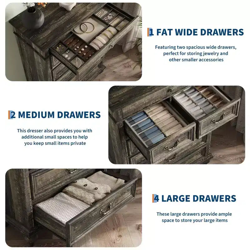 Commode en chêne à 7 tiroirs, meuble de rangement de style rustique avec tiroirs de 3 tailles différentes pour chambre et chambre d'enfant