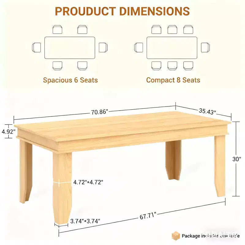 71-inch Farmhouse Dining Table for 6-8 People, Rustic Rectangular Wood Kitchen Table for Living Room and Restaurant
