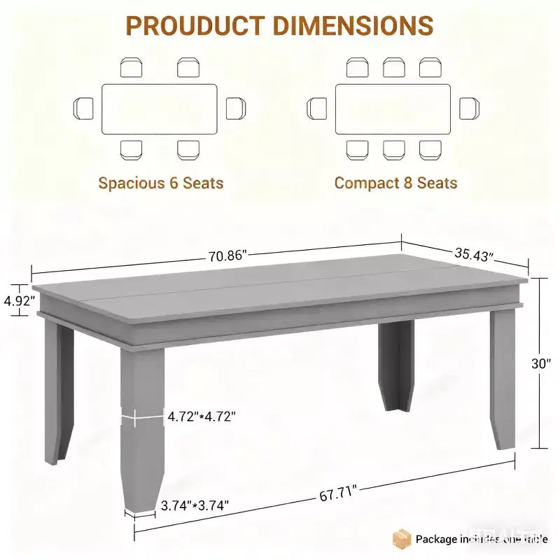71-inch Farmhouse Dining Table for 6-8 People, Rustic Rectangular Wood Kitchen Table for Living Room and Restaurant