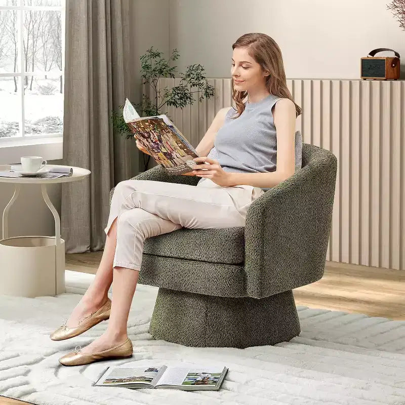 360° Swivel Accent Sofa Chair, Cozy Round Chenille Fabric Round Armchair Single Sofa with Arms for Living Room