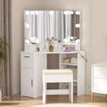 Corner Vanity Mirror with Lights and Table Set & Power Outlet, Makeup Vanity Table with Lights with 2 Drawers & Stool