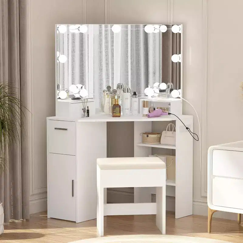 Corner Vanity Mirror with Lights and Table Set & Power Outlet, Makeup Vanity Table with Lights with 2 Drawers & Stool