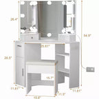 Coiffeuse d'angle avec miroir lumineux et ensemble de table et prise de courant, coiffeuse de maquillage avec lumières, 2 tiroirs et tabouret