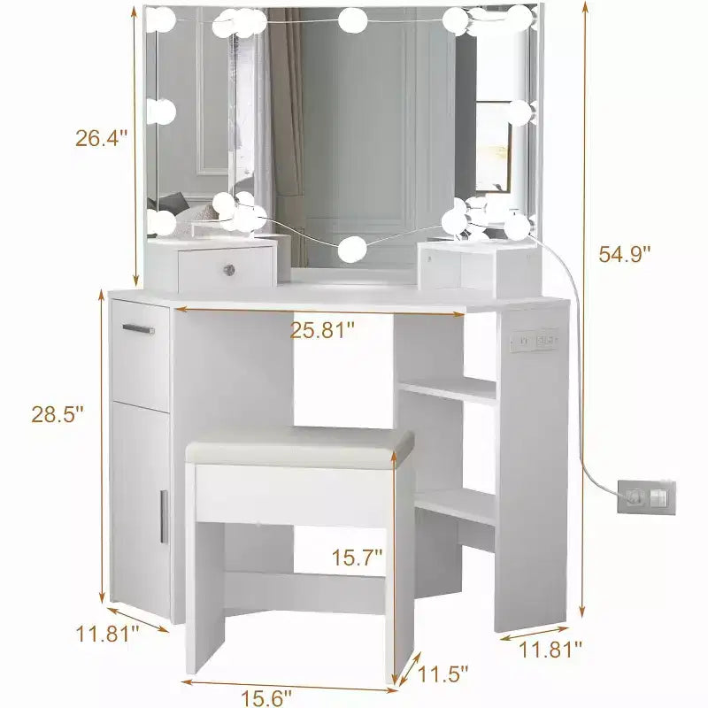 Coiffeuse d'angle avec miroir lumineux et ensemble de table et prise de courant, coiffeuse de maquillage avec lumières, 2 tiroirs et tabouret