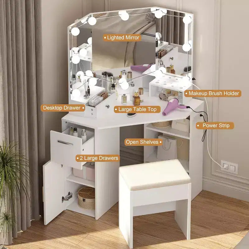 Coiffeuse d'angle avec miroir lumineux et ensemble de table et prise de courant, coiffeuse de maquillage avec lumières, 2 tiroirs et tabouret