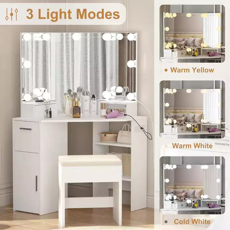 Coiffeuse d'angle avec miroir lumineux et ensemble de table et prise de courant, coiffeuse de maquillage avec lumières, 2 tiroirs et tabouret