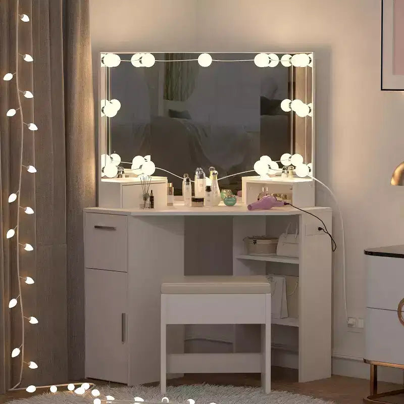 Coiffeuse d'angle avec miroir lumineux et ensemble de table et prise de courant, coiffeuse de maquillage avec lumières, 2 tiroirs et tabouret