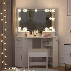 Coiffeuse d'angle avec miroir lumineux et ensemble de table et prise de courant, coiffeuse de maquillage avec lumières, 2 tiroirs et tabouret
