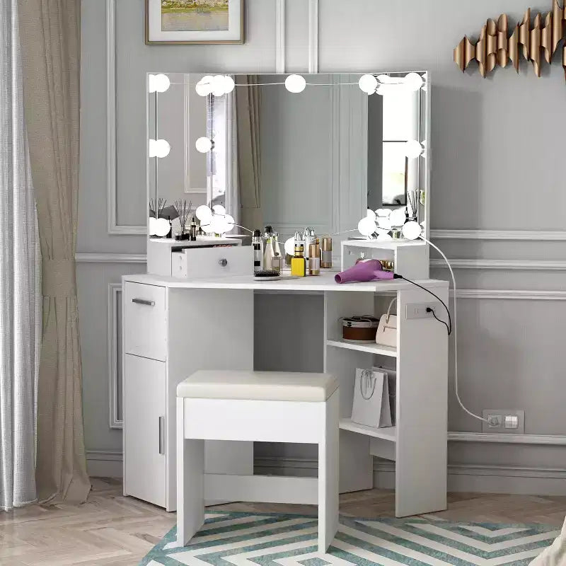 Coiffeuse d'angle avec miroir lumineux et ensemble de table et prise de courant, coiffeuse de maquillage avec lumières, 2 tiroirs et tabouret