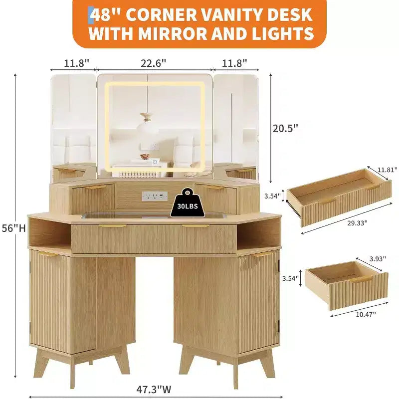 Coiffeuse de maquillage cannelée de 122 cm avec miroir et lumières, prise de charge et miroir éclairé à 3 panneaux, table de toilette pour chambre à coucher