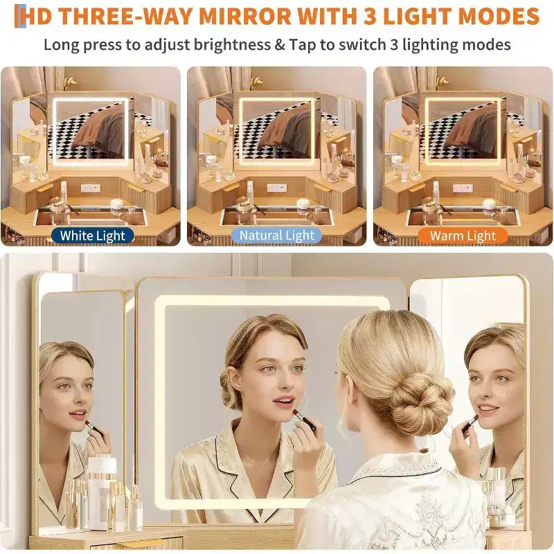 Coiffeuse de maquillage cannelée de 122 cm avec miroir et lumières, prise de charge et miroir éclairé à 3 panneaux, table de toilette pour chambre à coucher
