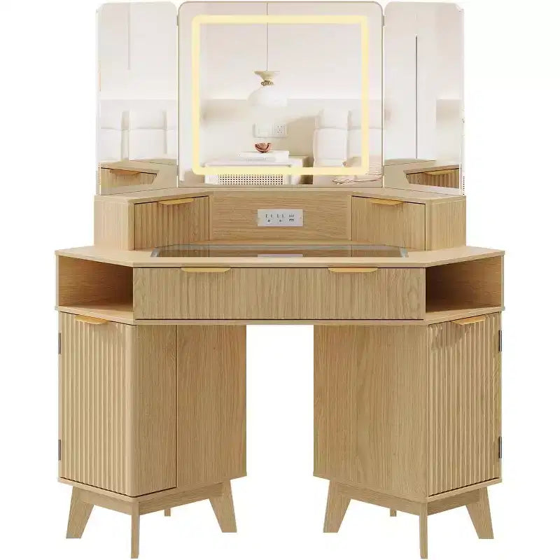Coiffeuse de maquillage cannelée de 122 cm avec miroir et lumières, prise de charge et miroir éclairé à 3 panneaux, table de toilette pour chambre à coucher