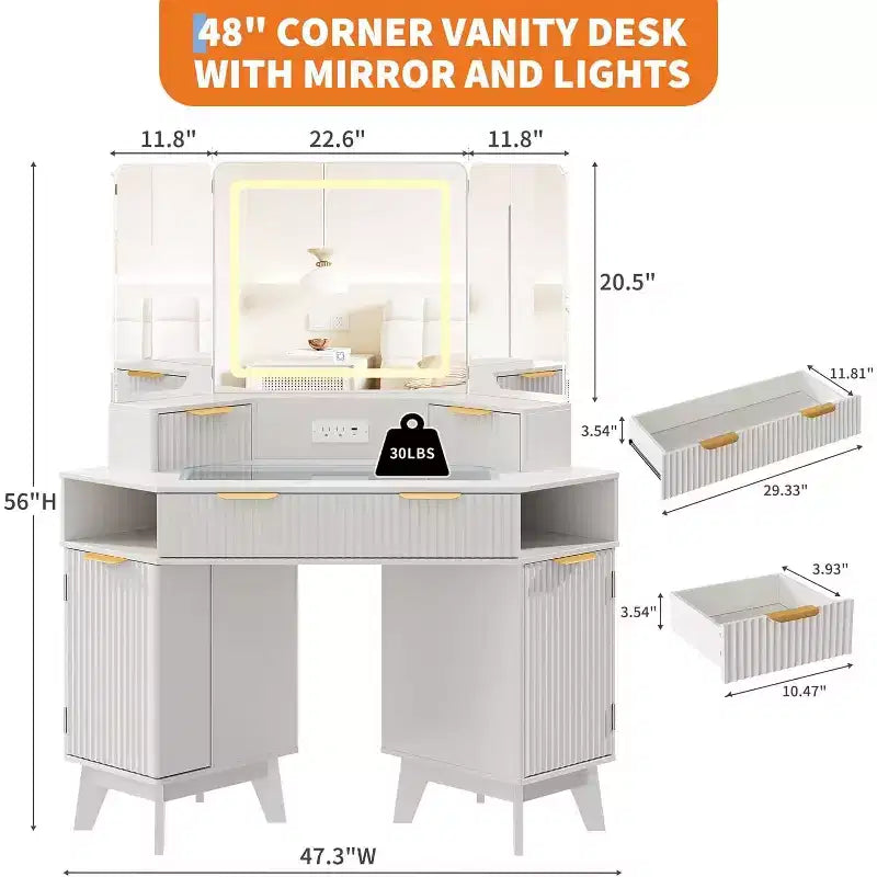 Coiffeuse de maquillage cannelée de 122 cm avec miroir et lumières, prise de charge et miroir éclairé à 3 panneaux, table de toilette pour chambre à coucher