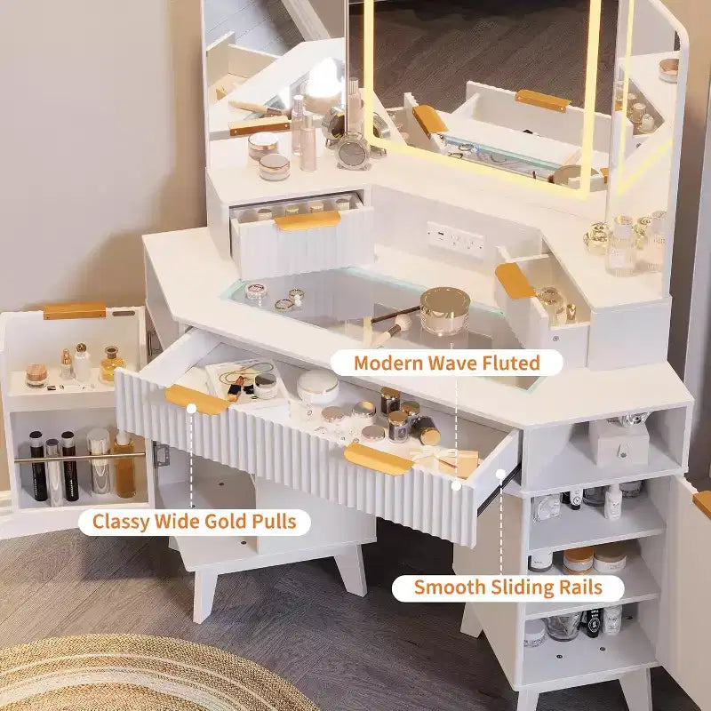 Coiffeuse de maquillage cannelée de 122 cm avec miroir et lumières, prise de charge et miroir éclairé à 3 panneaux, table de toilette pour chambre à coucher