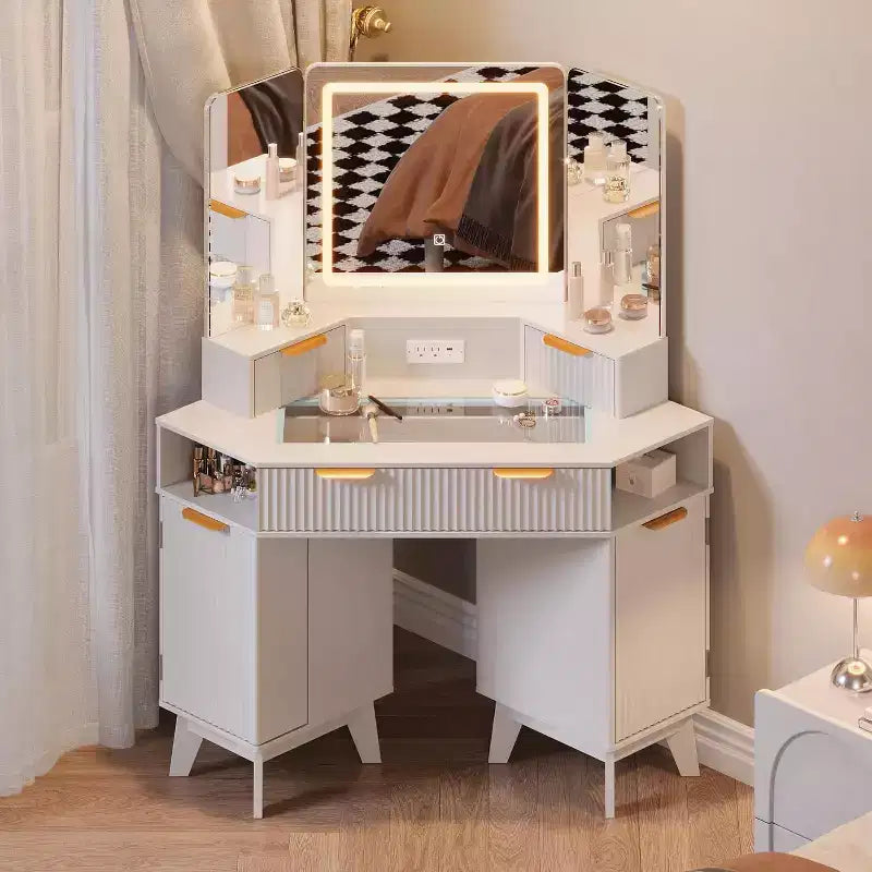 Coiffeuse de maquillage cannelée de 122 cm avec miroir et lumières, prise de charge et miroir éclairé à 3 panneaux, table de toilette pour chambre à coucher