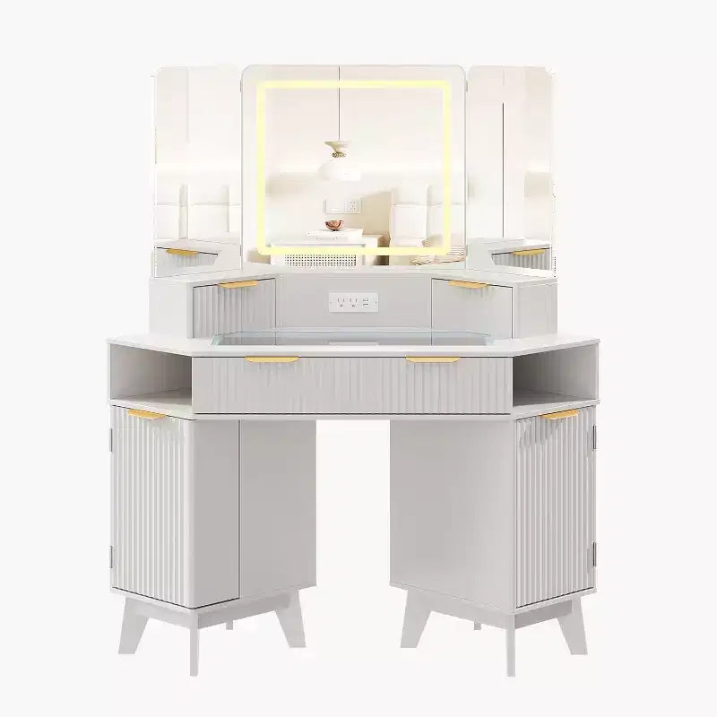 Coiffeuse de maquillage cannelée de 122 cm avec miroir et lumières, prise de charge et miroir éclairé à 3 panneaux, table de toilette pour chambre à coucher