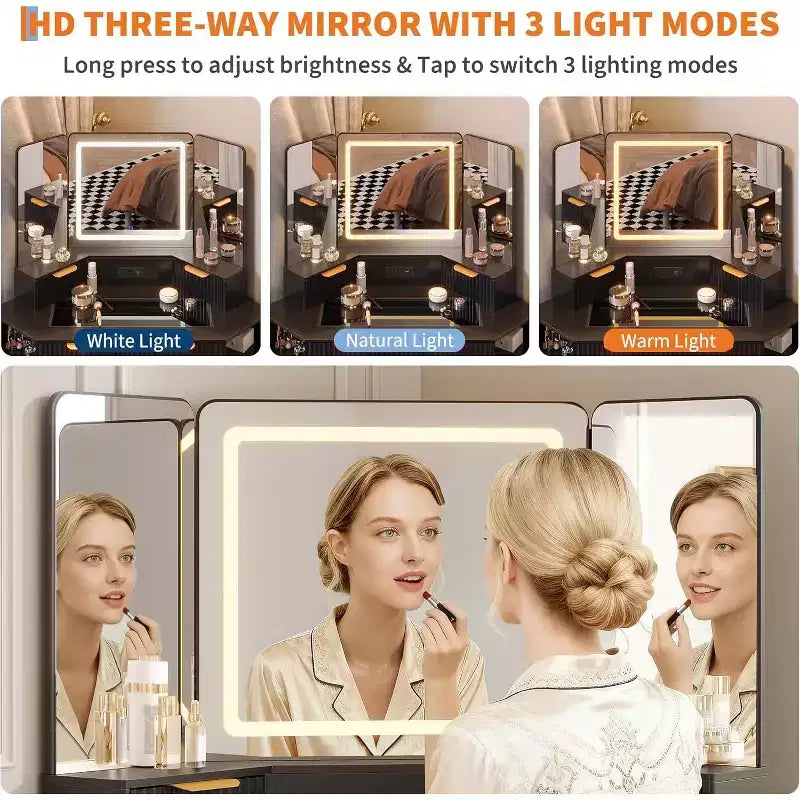 Coiffeuse de maquillage cannelée de 122 cm avec miroir et lumières, prise de charge et miroir éclairé à 3 panneaux, table de toilette pour chambre à coucher
