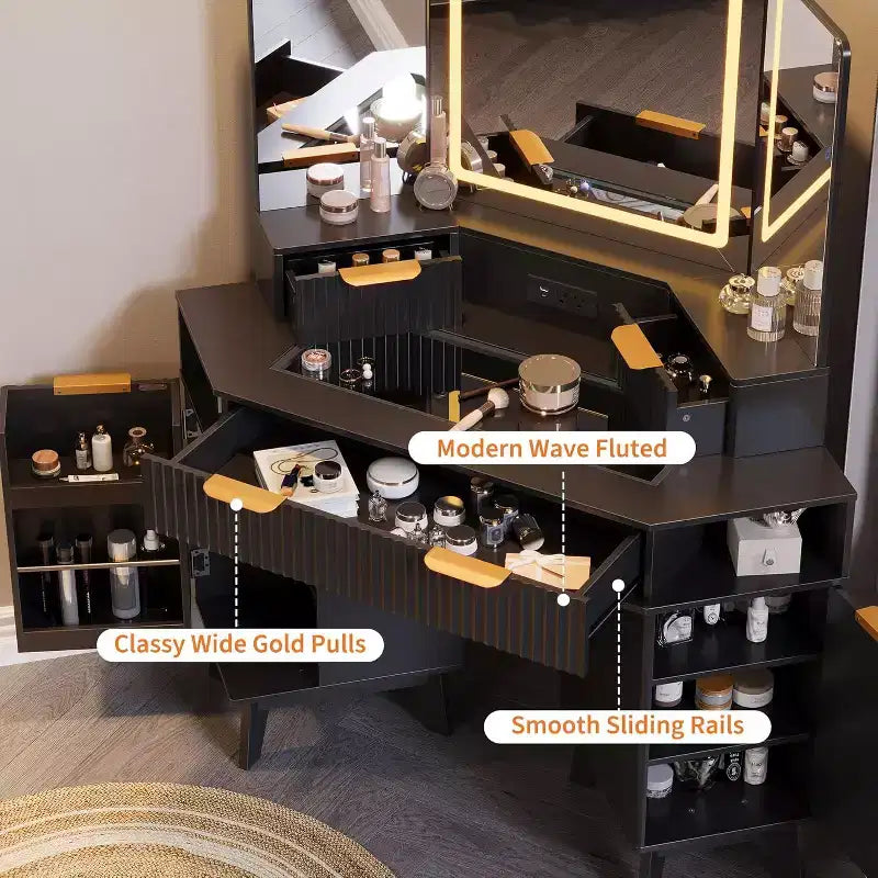 Coiffeuse de maquillage cannelée de 122 cm avec miroir et lumières, prise de charge et miroir éclairé à 3 panneaux, table de toilette pour chambre à coucher