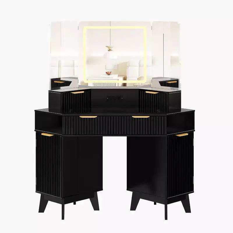 Coiffeuse de maquillage cannelée de 122 cm avec miroir et lumières, prise de charge et miroir éclairé à 3 panneaux, table de toilette pour chambre à coucher