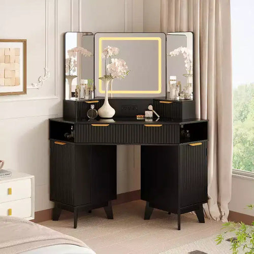 48 Inch Fluted Makeup Vanity Desk with Mirror and Lights, Charging Outlet & 3-Panel Lighted Mirror, Dressing Table for Bedroom
