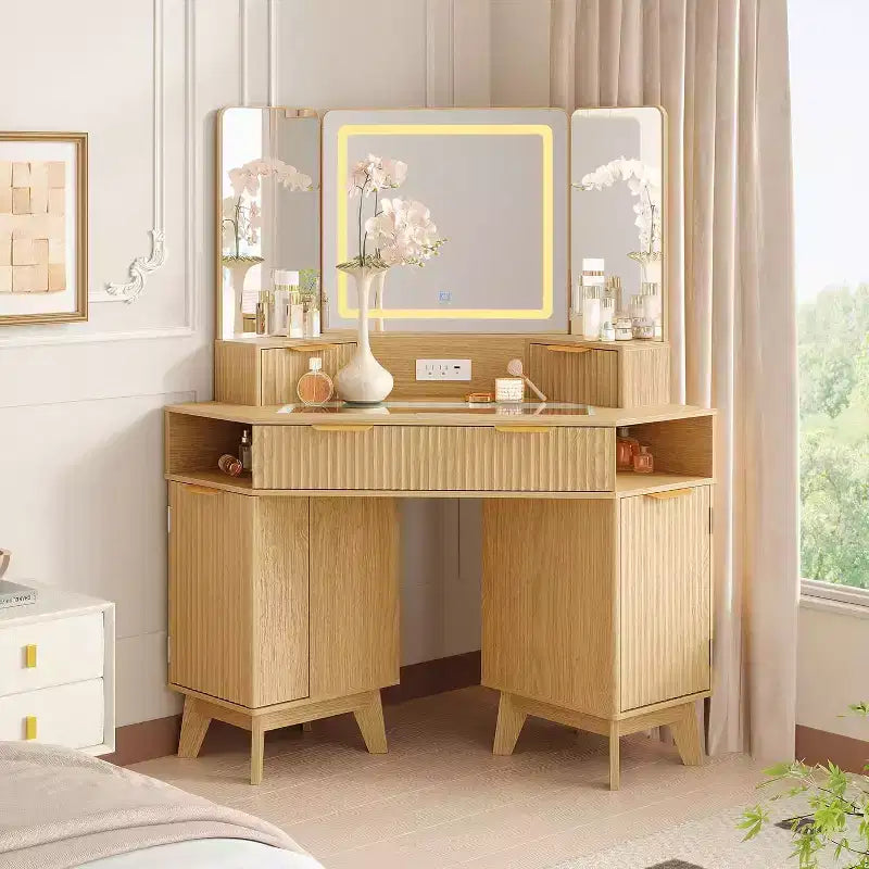 Coiffeuse de maquillage cannelée de 122 cm avec miroir et lumières, prise de charge et miroir éclairé à 3 panneaux, table de toilette pour chambre à coucher