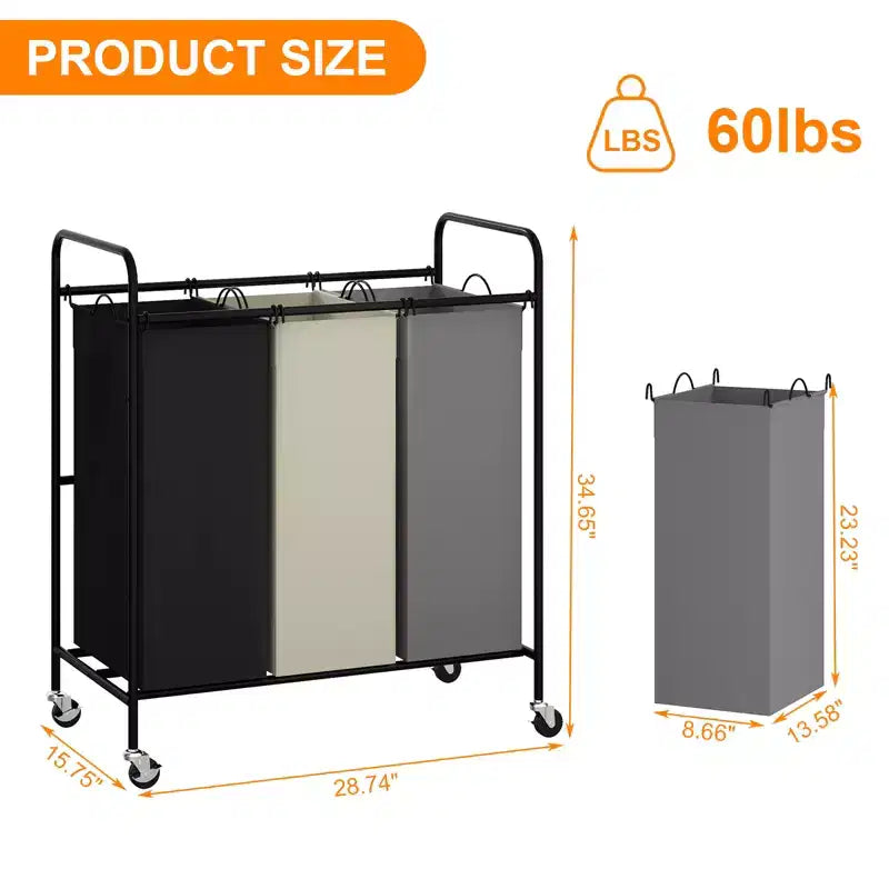 2/3-Bag Laundry Basket Hamper, Heavy Duty Laundry Sorter Cart with Lockable Wheels and 2/3x40L Removable Bags, Separated Laundry Room Organizer