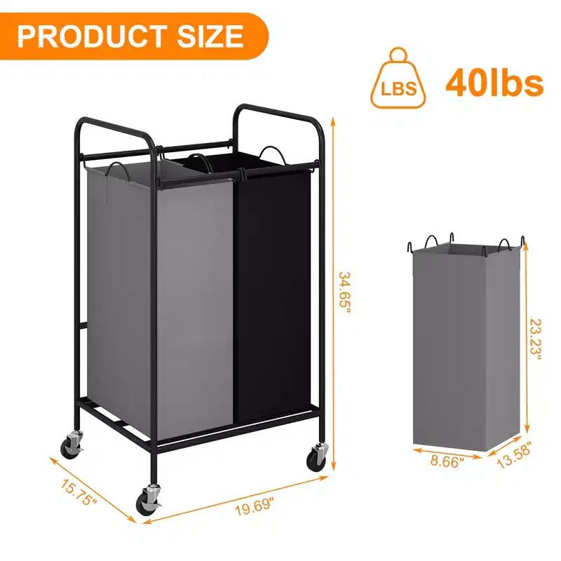 2/3-Bag Laundry Basket Hamper, Heavy Duty Laundry Sorter Cart with Lockable Wheels and 2/3x40L Removable Bags, Separated Laundry Room Organizer