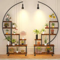 6-Tier Half Moon Plant Stand with Grow Lights - Tall Metal Plant Shelf with Wheels, Wooden Display Rack