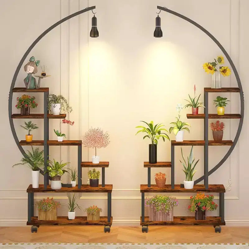 6-Tier Half Moon Plant Stand with Grow Lights - Tall Metal Plant Shelf with Wheels, Wooden Display Rack