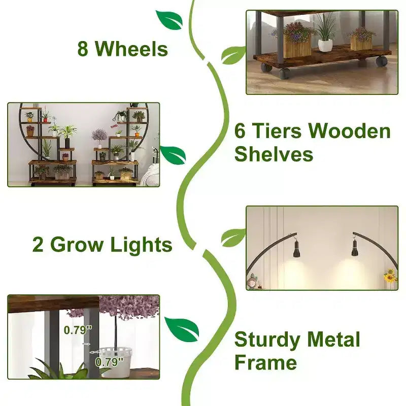 Support pour plantes demi-lune à 6 niveaux avec lumières de croissance - Étagère à plantes haute en métal avec roulettes et présentoir en bois