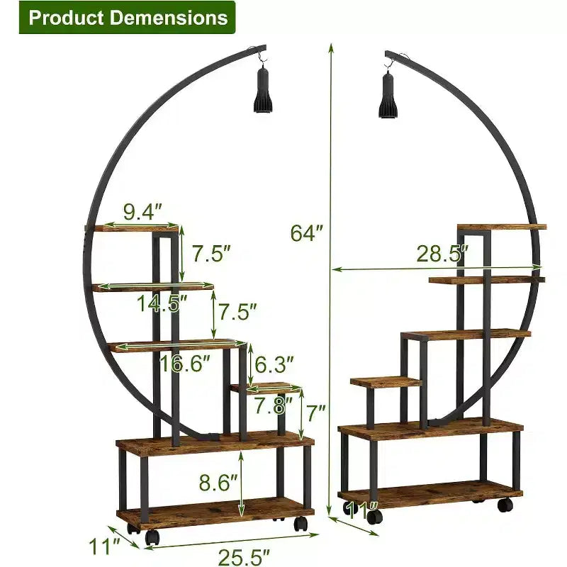 Support pour plantes demi-lune à 6 niveaux avec lumières de croissance - Étagère à plantes haute en métal avec roulettes et présentoir en bois
