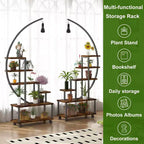 Support pour plantes demi-lune à 6 niveaux avec lumières de croissance - Étagère à plantes haute en métal avec roulettes et présentoir en bois