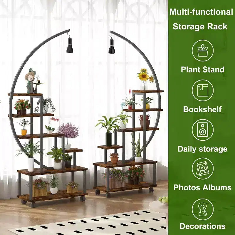 Support pour plantes demi-lune à 6 niveaux avec lumières de croissance - Étagère à plantes haute en métal avec roulettes et présentoir en bois