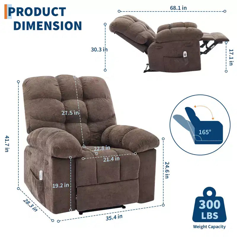 Fauteuil inclinable à bascule avec fonction de massage et de chauffage, tissu respirant ergonomique, 2 poches latérales, pour salon, chambre à coucher