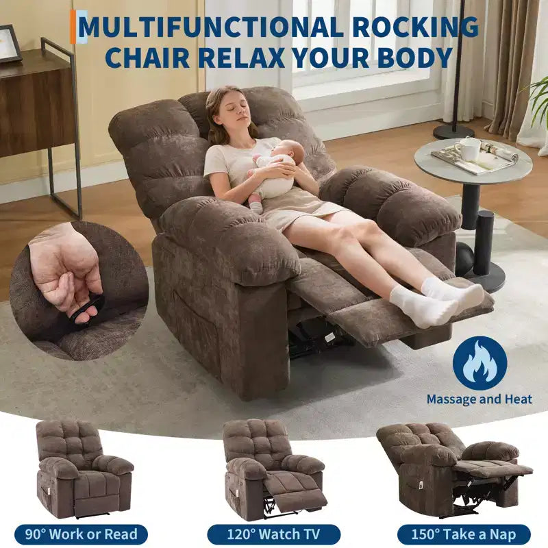 Fauteuil inclinable à bascule avec fonction de massage et de chauffage, tissu respirant ergonomique, 2 poches latérales, pour salon, chambre à coucher