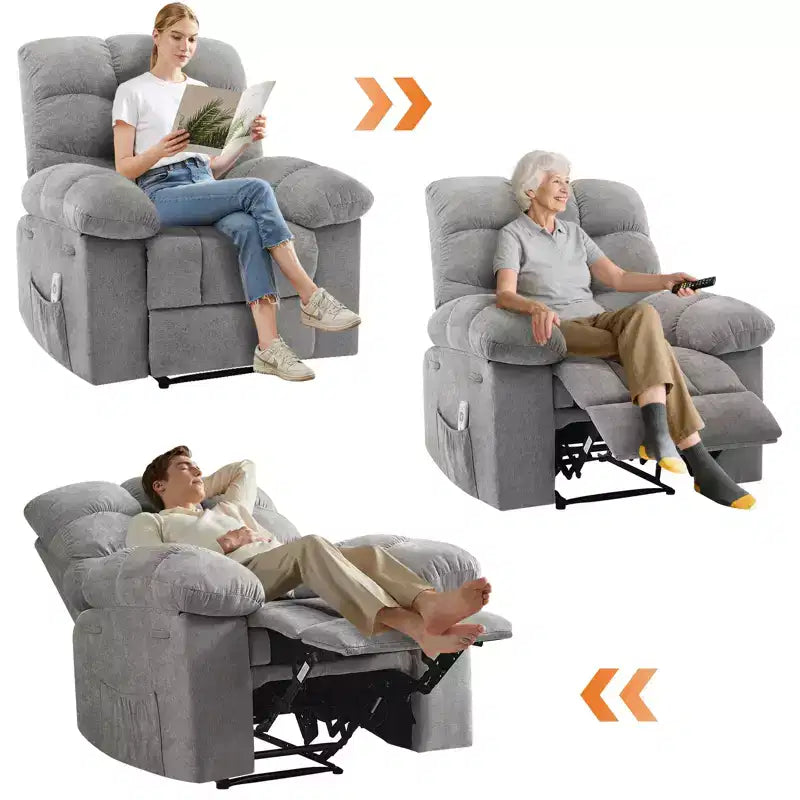 Fauteuil inclinable à bascule avec fonction de massage et de chauffage, tissu respirant ergonomique, 2 poches latérales, pour salon, chambre à coucher