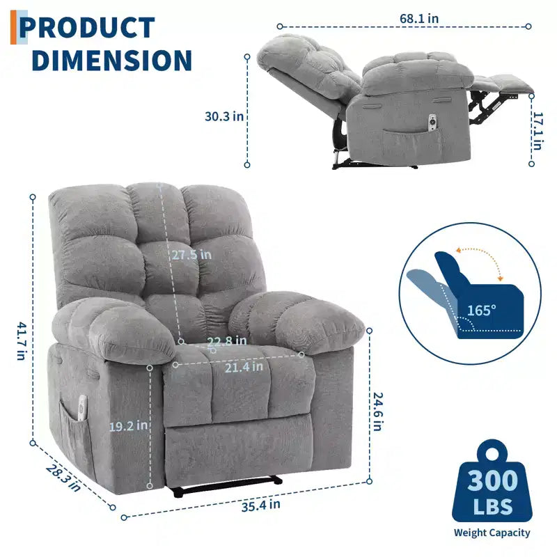 Fauteuil inclinable à bascule avec fonction de massage et de chauffage, tissu respirant ergonomique, 2 poches latérales, pour salon, chambre à coucher