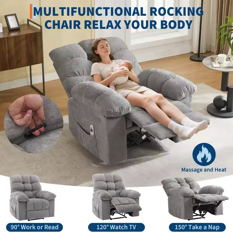Fauteuil inclinable à bascule avec fonction de massage et de chauffage, tissu respirant ergonomique, 2 poches latérales, pour salon, chambre à coucher