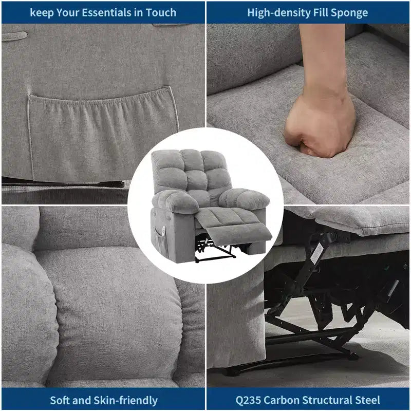 Fauteuil inclinable à bascule avec fonction de massage et de chauffage, tissu respirant ergonomique, 2 poches latérales, pour salon, chambre à coucher