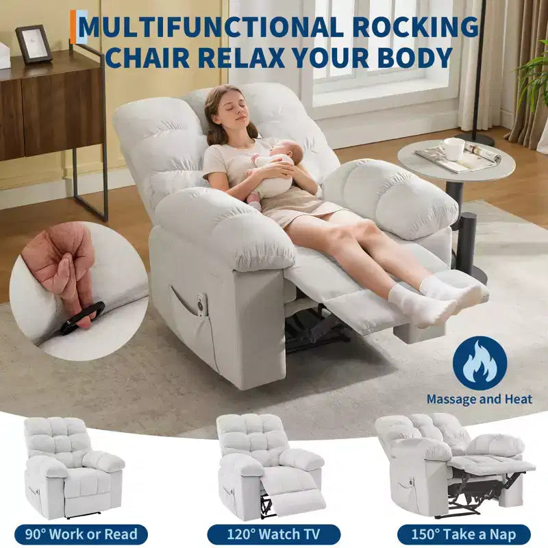 Fauteuil inclinable à bascule avec fonction de massage et de chauffage, tissu respirant ergonomique, 2 poches latérales, pour salon, chambre à coucher