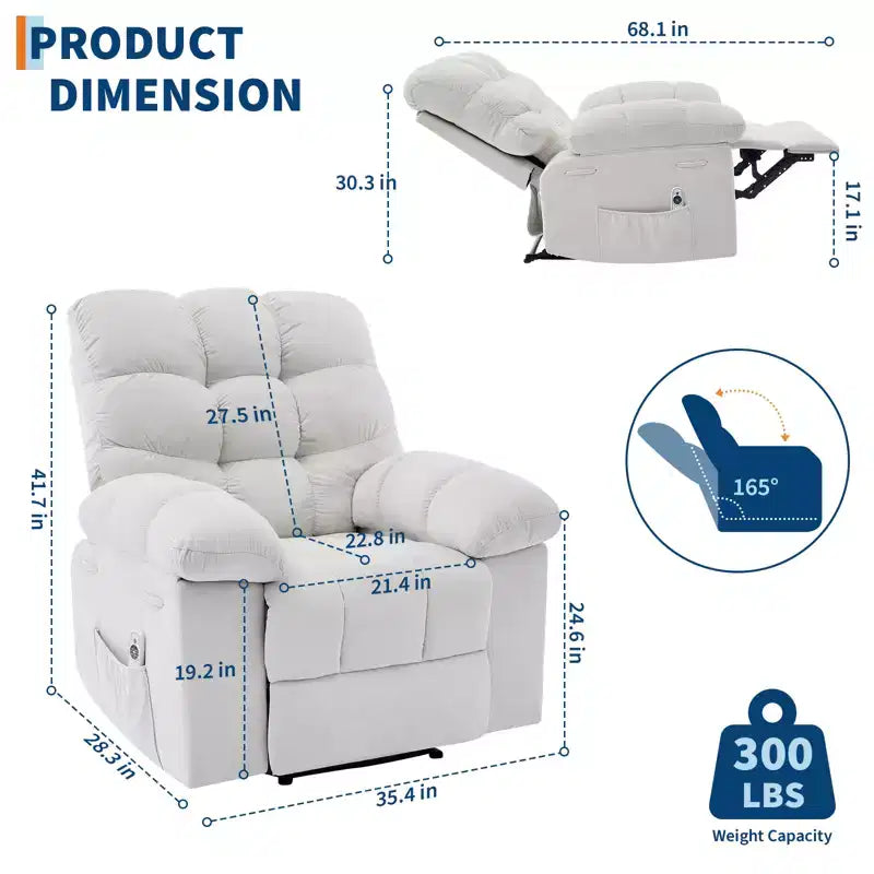 Fauteuil inclinable à bascule avec fonction de massage et de chauffage, tissu respirant ergonomique, 2 poches latérales, pour salon, chambre à coucher