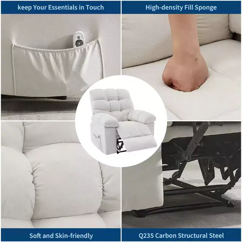Fauteuil inclinable à bascule avec fonction de massage et de chauffage, tissu respirant ergonomique, 2 poches latérales, pour salon, chambre à coucher