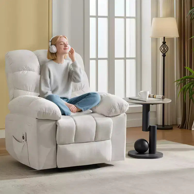 Fauteuil inclinable à bascule avec fonction de massage et de chauffage, tissu respirant ergonomique, 2 poches latérales, pour salon, chambre à coucher