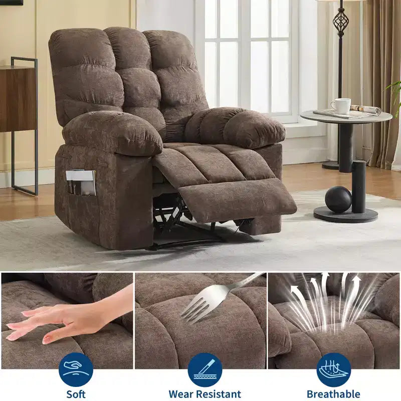 Rocking Recliner Chair with Massage and Heat Function, Ergonomic Breathable Fabric, 2 Side Pockets, for Living Room, Bedroom