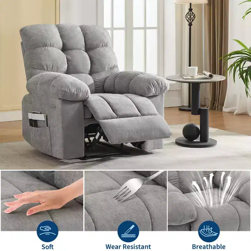 Rocking Recliner Chair with Massage and Heat Function, Ergonomic Breathable Fabric, 2 Side Pockets, for Living Room, Bedroom
