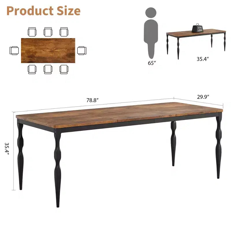 Table de salle à manger rectangulaire pour 6, table de cuisine rustique de 200 cm avec grand plateau pour les fêtes en famille (chaises non incluses)